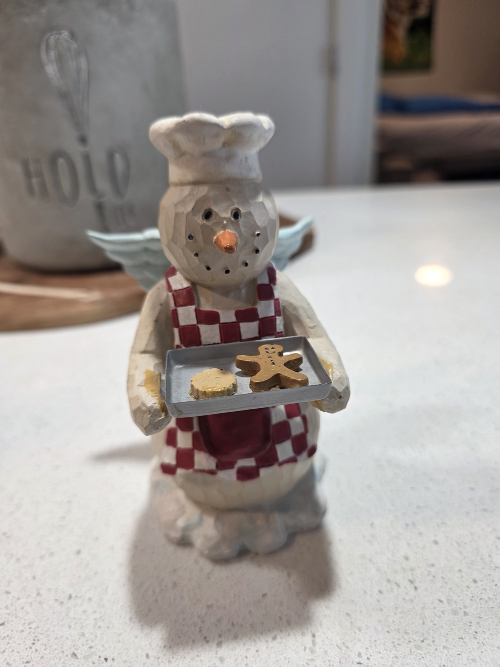 Handcrafted White Snowman Baker Figurine with Red Checkered Apron